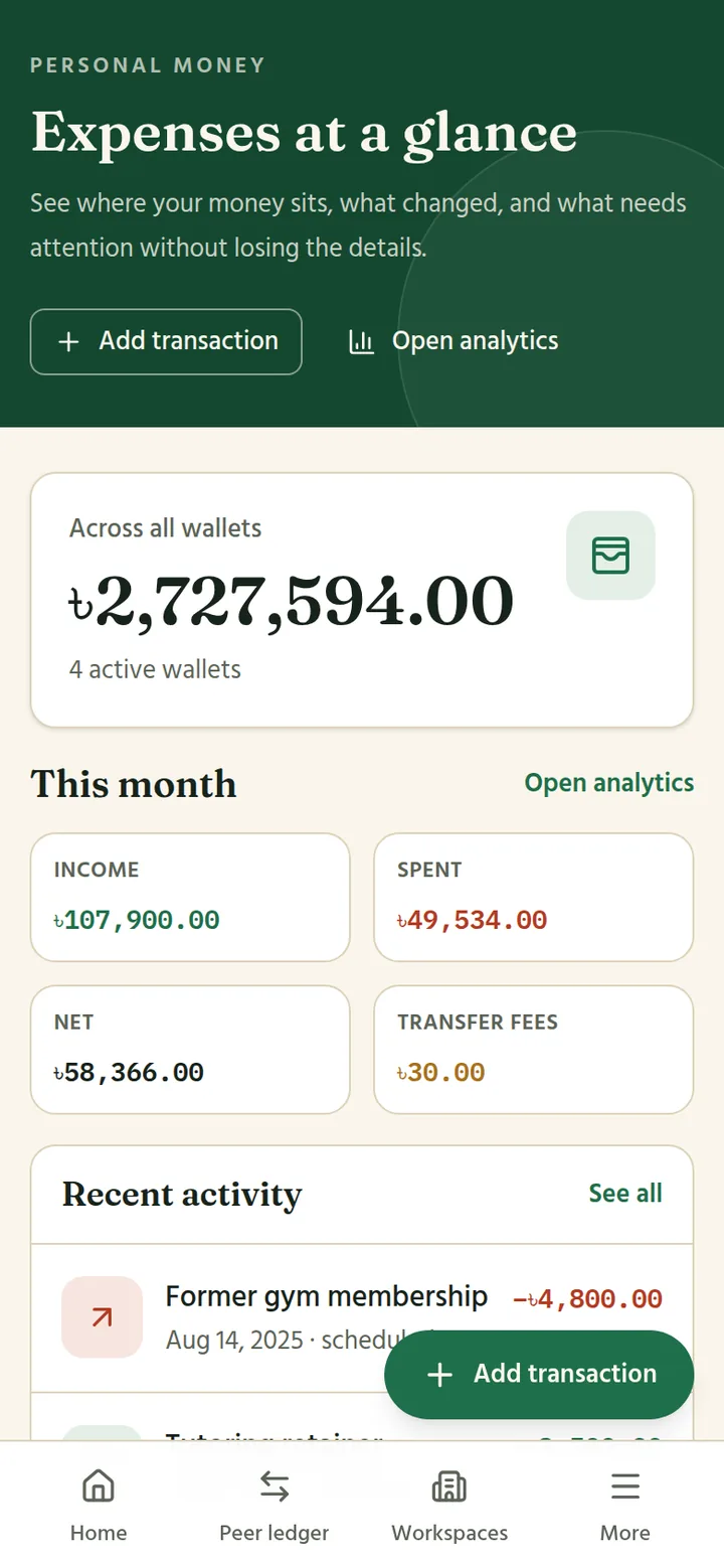Personal expenses at a glance with wallet totals and this month's income and spending