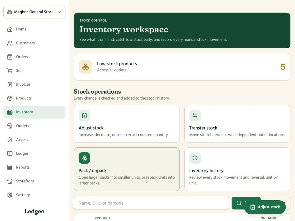 The Inventory workspace on a tablet with low-stock count and stock operations