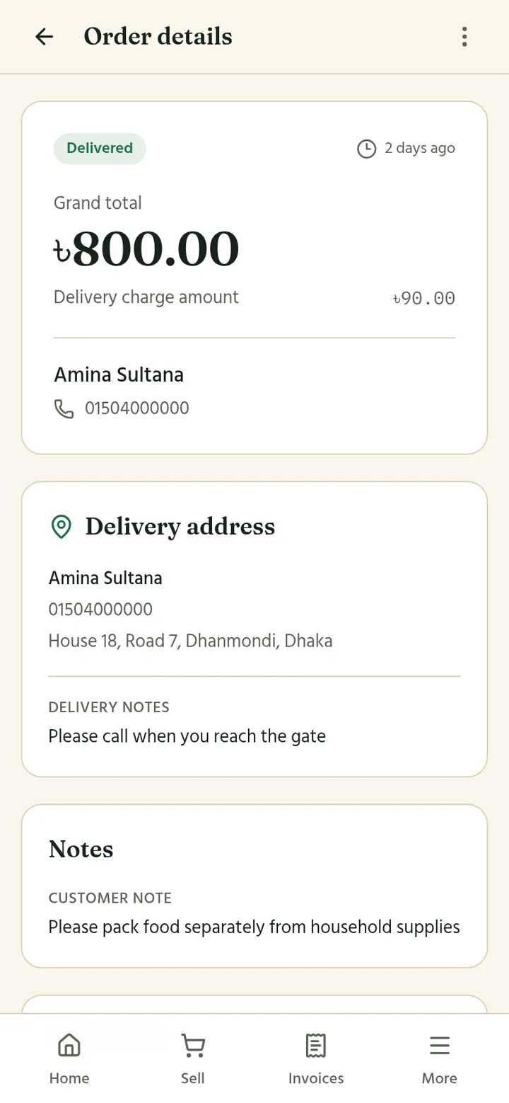 A delivered order with the grand total, delivery address, and customer notes