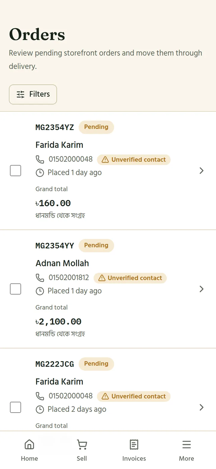 The Orders queue on a phone with pending storefront orders