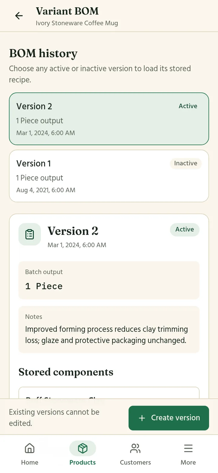 A product recipe on a phone with version history and stored components