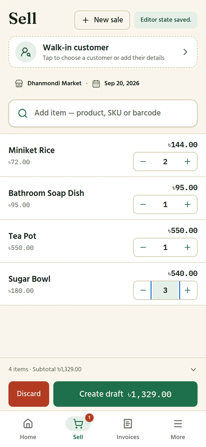 The same sale on a phone, with quantity controls and a Create draft button