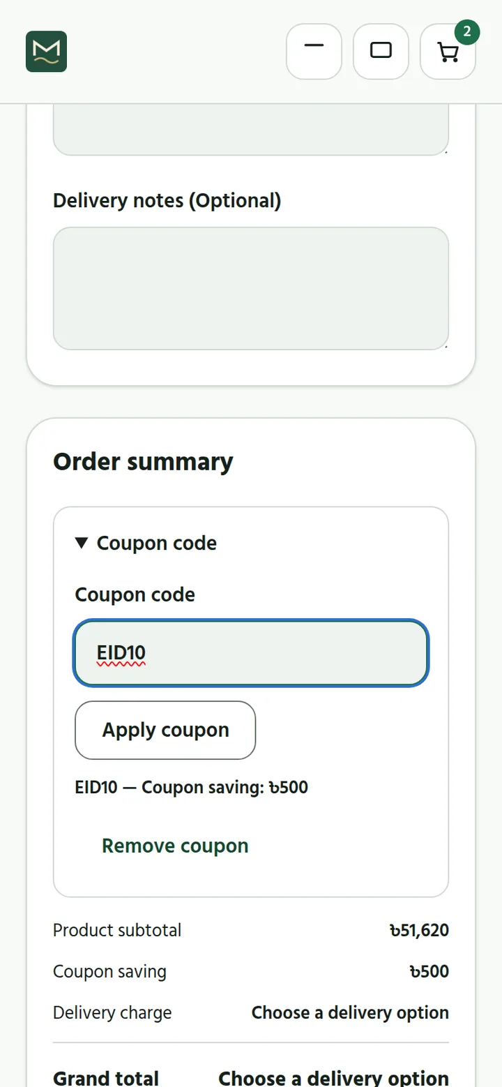 A phone checkout with a coupon applied and the order summary