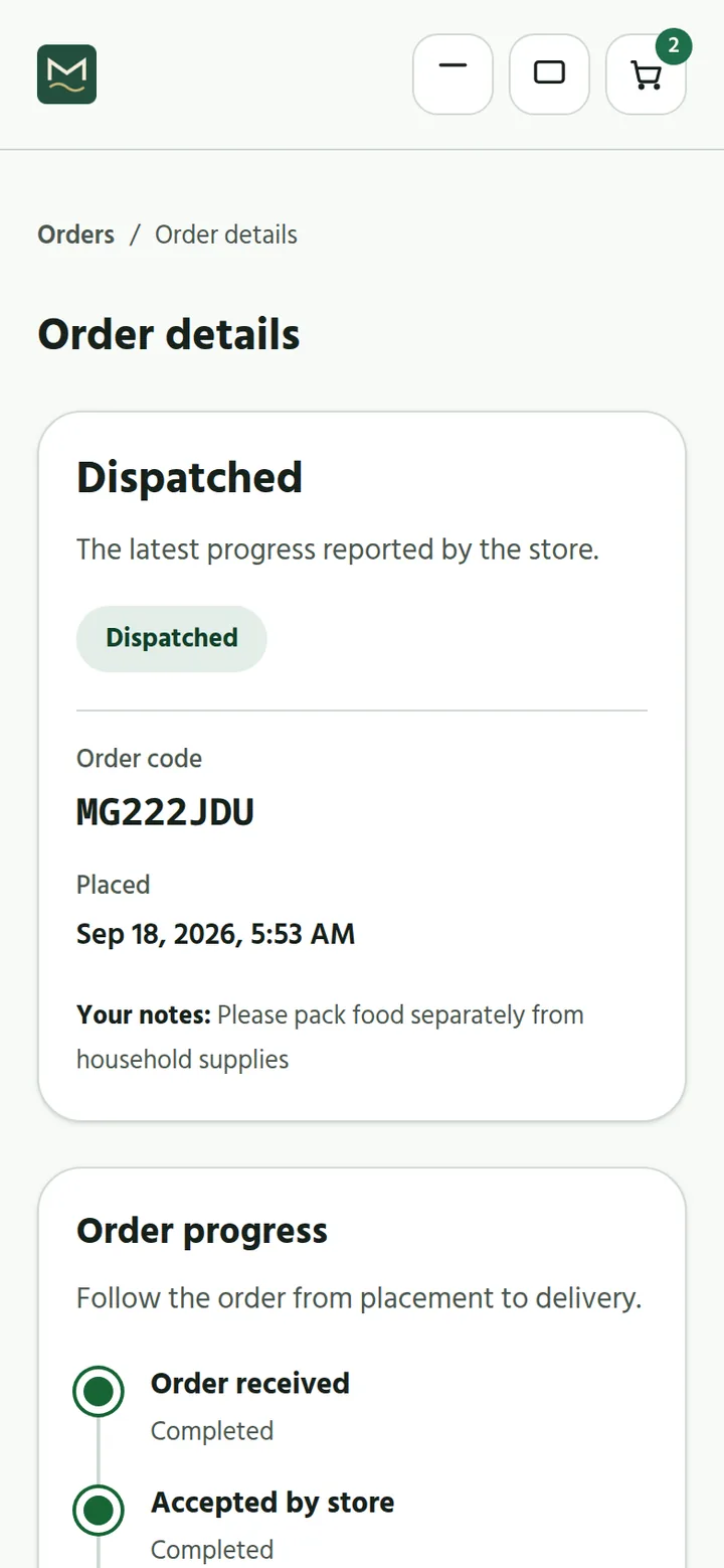 The shopper's view of their order on the online store